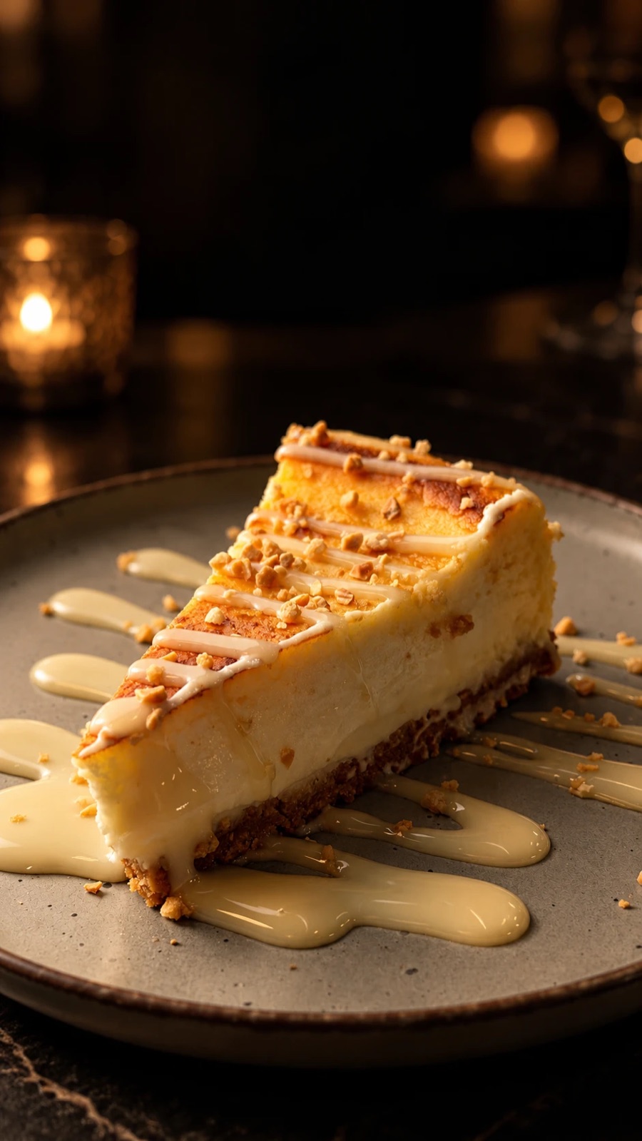 Slice of cheesecake with white chocolate and crumble