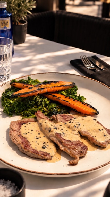 Meat with truffle sauce, charred carrots and kale