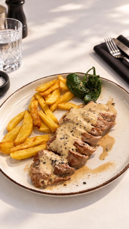 Meat in truffle sauce with fries