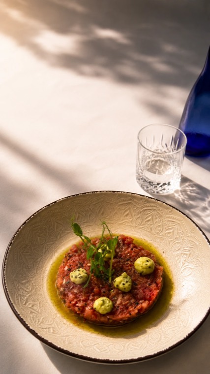 Tartare with dots of green cream and shoots
